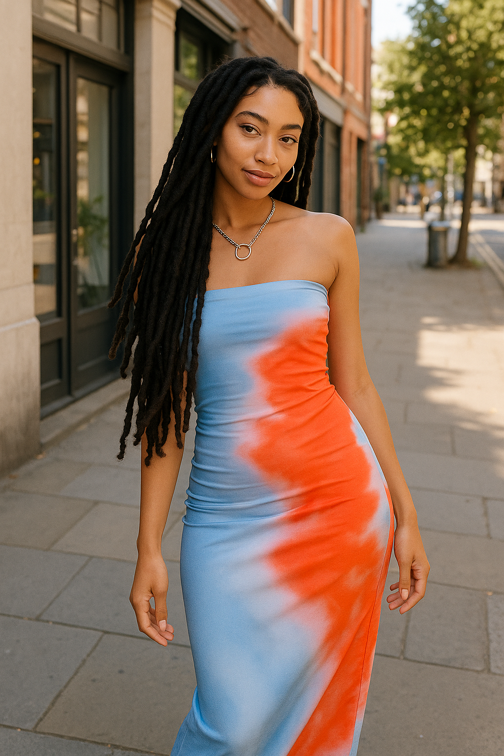 Noemi – Dopasowana Sukienka Maxi Bez Ramiączek z Efektem Tie-Dye